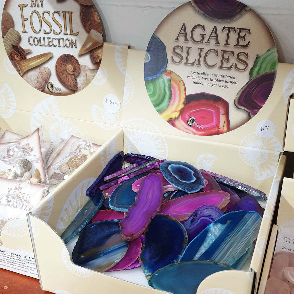 agate slices assosrted box on shelf at earth toys