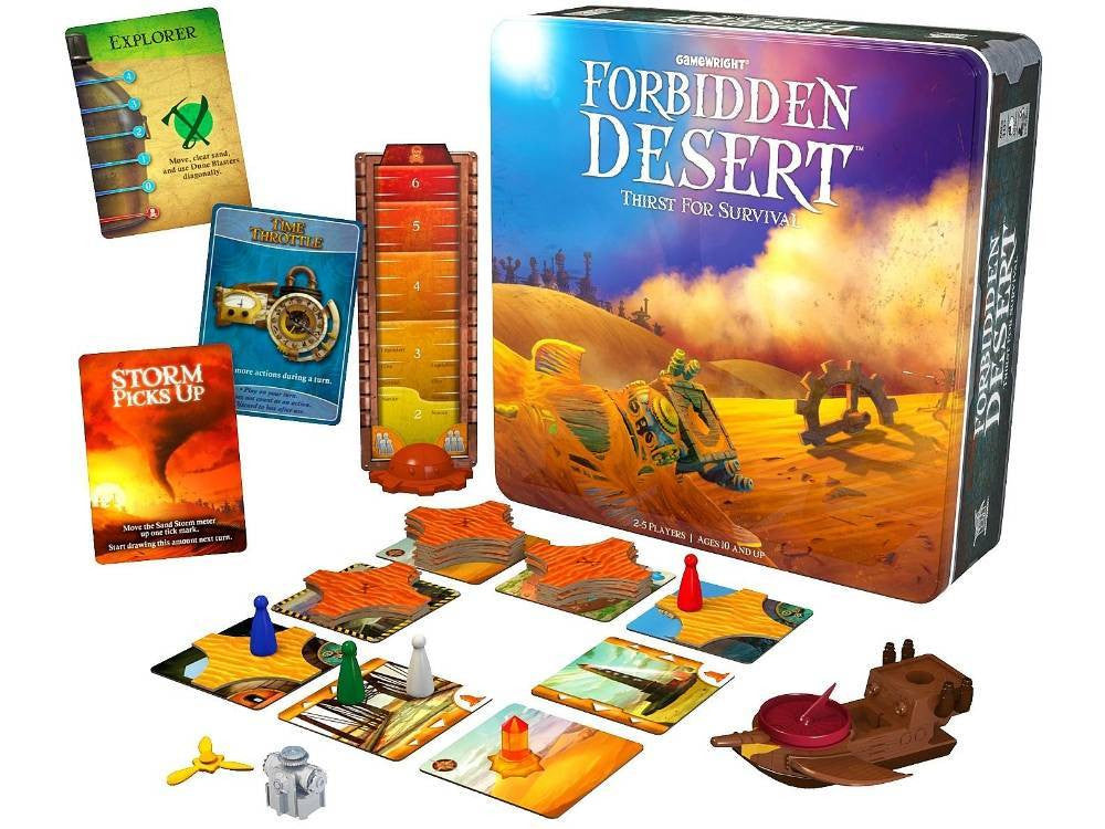Forbidden Desert - Earth Toys Game contents and tin box