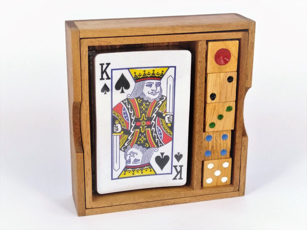 card set with dices in wooden box