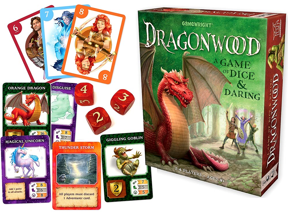 dragonwood game for children with dice and cards out of box