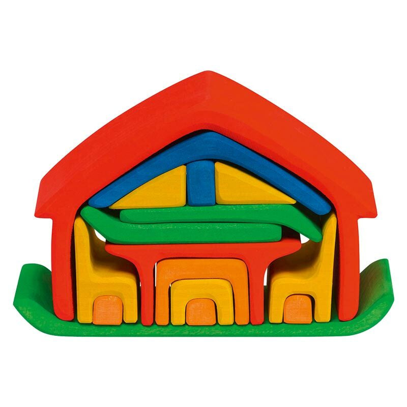 coloured wooden block pusszle set house with red roof