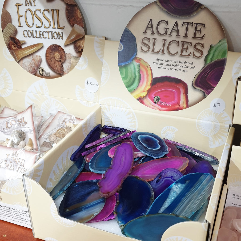 agate slices assosrted box on shelf at earth toys