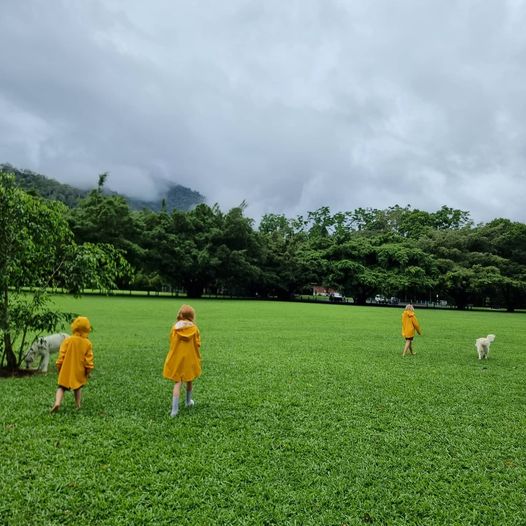 kids-playing-in-park-with-two-dogs-wearing-Rain Koat-Children's-Raincoats