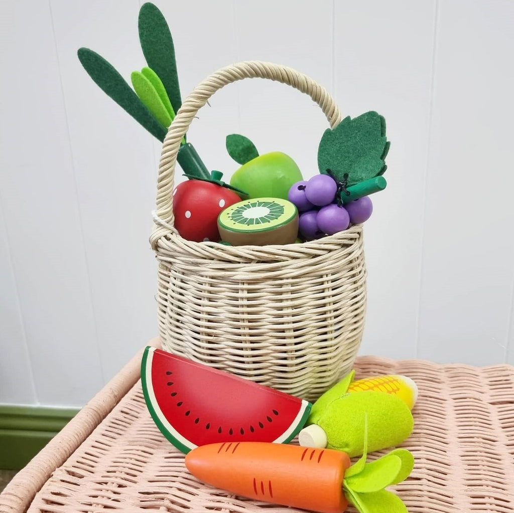 woven basket with wooden fruit and vegetables kids toys