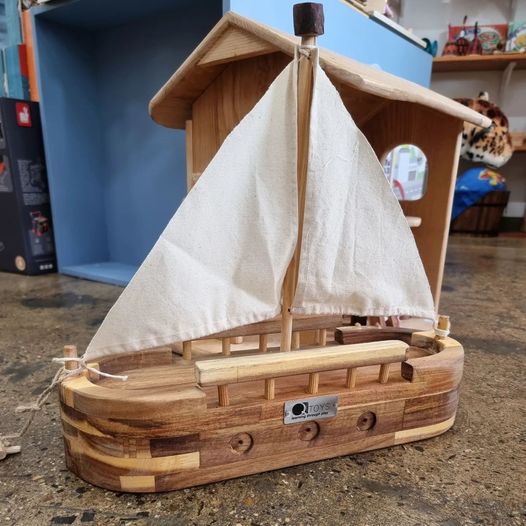Qtoys Wooden Adventure Ship with cotton sails instore at Earth Toys shop Cairns