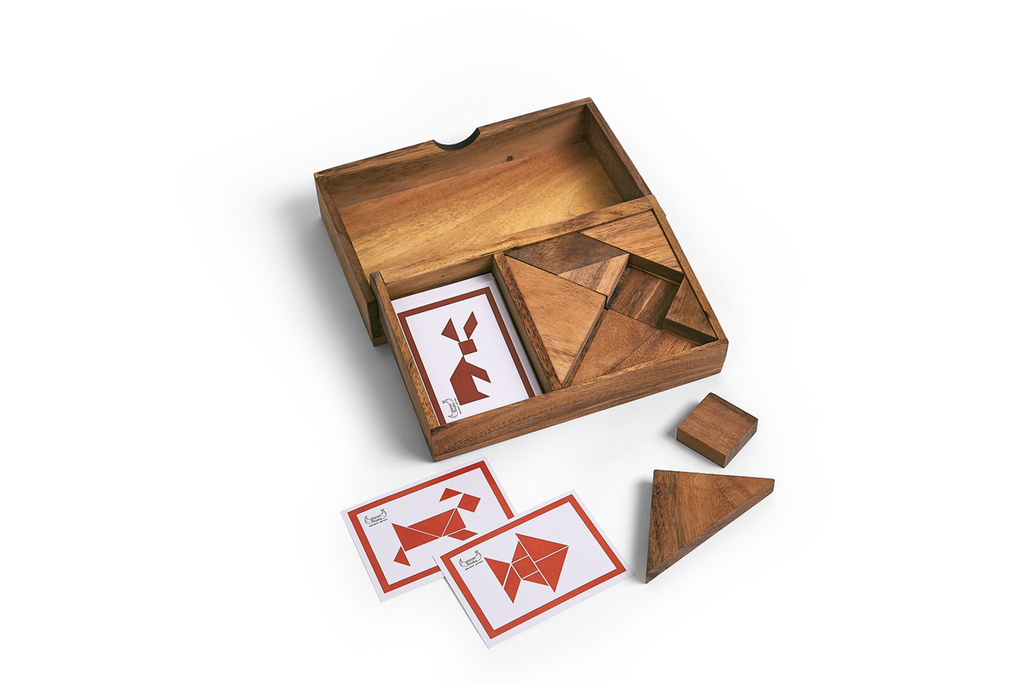 tangrams racing puzzle brain teaser game in wooden box, cards outs