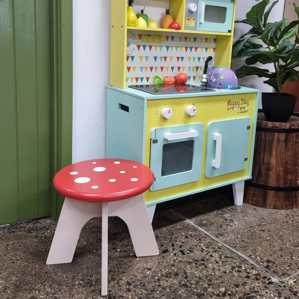 tender leaf red white mushoom toodstool seat at earth toys shop cairns city